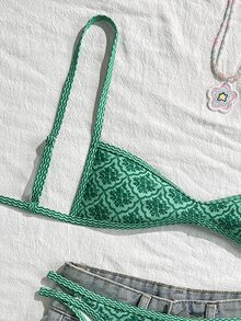 SHEIN Swim 女款夏季細肩帶性感比基尼度假緊身褲休閒印花隨機兩件式泳衣綠色音樂節Coachella - 綠色 - 查看 5