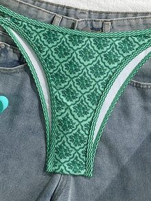 SHEIN Swim 女款夏季細肩帶性感比基尼度假緊身褲休閒印花隨機兩件式泳衣綠色音樂節Coachella - 綠色 - 查看 6