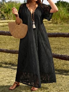Rosumi 大尺碼女款夏季休閒優雅星空風純黑色蕾絲洋裝，適合度假、早午餐、約會之夜 - 黑色 - 查看 17
