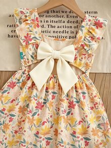 SHEIN Kids Young Girl Yellow Plaid Young Girl T With Print For Vacation Style Cute Vacation Dress - Yellow - View 5