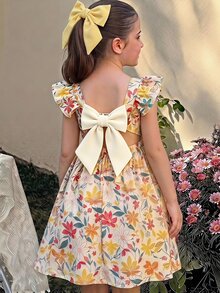 SHEIN Kids Young Girl Yellow Plaid Young Girl T With Print For Vacation Style Cute Vacation Dress - Yellow - View 7