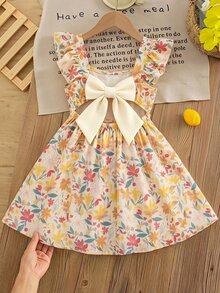 SHEIN Kids Young Girl Yellow Plaid Young Girl T With Print For Vacation Style Cute Vacation Dress - Yellow - View 3