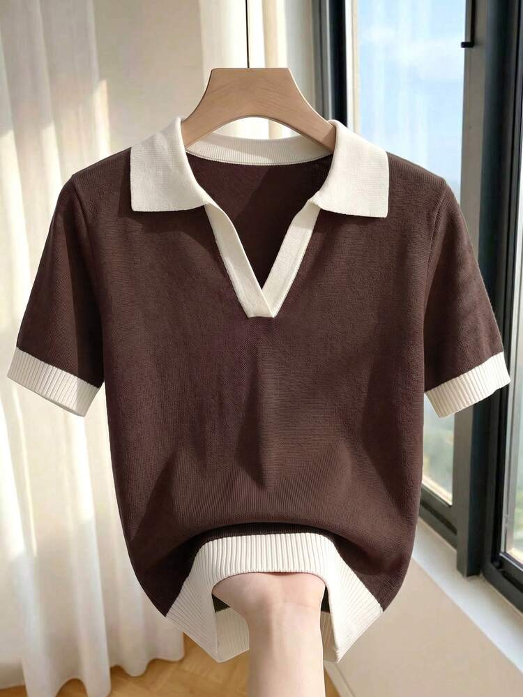 SHEIN Franclia Women's Spring/Summer Contrast Color Simple Casual Smart Casual Preppy Polo Collar Short Sleeve Fitted Knit Top, Suitable For Daily Wear, Vacation - Brown - View 4