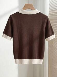 SHEIN Franclia 女款春夏撞色簡約休閒商務休閒學院風 Polo 領短袖修身針織上衣，適合日常穿著、度假 - 棕色 - 查看 2