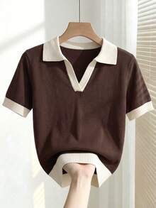 SHEIN Franclia 女款春夏撞色簡約休閒商務休閒學院風 Polo 領短袖修身針織上衣，適合日常穿著、度假 - 棕色 - 查看 6