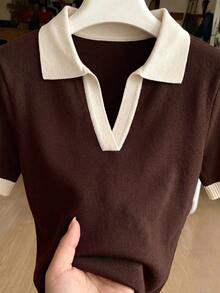 SHEIN Franclia 女款春夏撞色簡約休閒商務休閒學院風 Polo 領短袖修身針織上衣，適合日常穿著、度假 - 棕色 - 查看 8