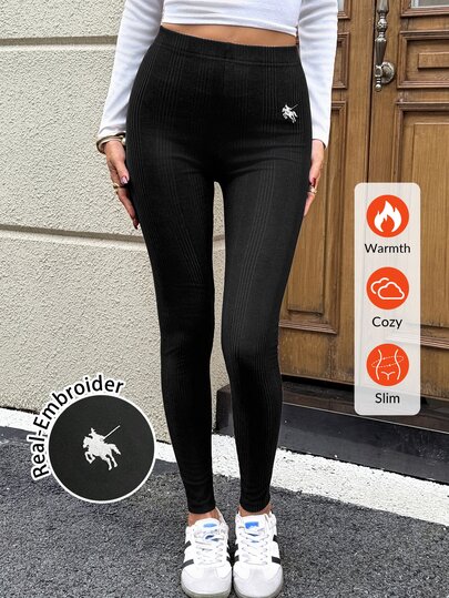 SHEIN LUNE Casual Basic Women's Embroidered Leggings, Gym Jogging Black Fall Winter 2026 Winter Clothes Fall Clothes For Women Work Outfits For Women