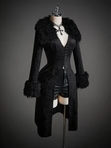 SHEIN ICON Fuzzy Trim Button Front Coat - Black - View 5