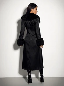 SHEIN ICON Fuzzy Trim Button Front Coat - Black - View 2