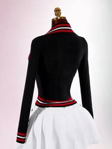 Bumpella Women's Deep V-Neck Cardigan Knit Contrast Color Back To School Autumn/Winter Knitwear - Black - View 9