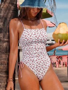 Swim Mod 女士连体泳衣，适合夏季海滩和休闲度假——温柔、复古、甜美又浪漫。采用双印花设计：小碎花图案搭配格子图案。侧边抽绳设计，露背剪裁，修身显瘦。是海滩、海边出游的理想之选；也是女士春秋季泳装的完美之选。 - 彩色 - 查看 5