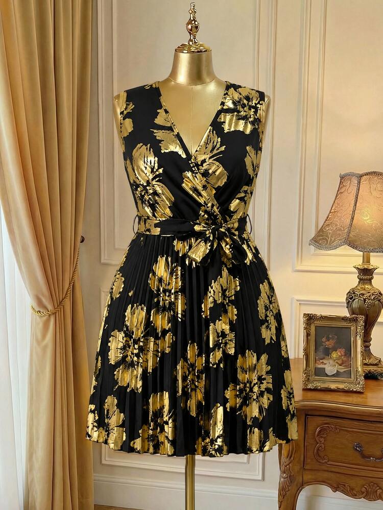 Rometta Plus Size Women's Black Gold Foil Print Sleeveless V-Neck Tie Pleated Dress, Suitable For Birthday Party, Bridesmaid Gathering, Wedding Guest, Bar Party, Romantic Date, Beach Vacation - Black - View 3