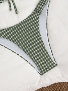 SHEIN Swim 2 件套纹理面料荷叶边前系带蝴蝶结腰部褶皱可爱甜美时尚活泼派对比基尼套装 - 軍綠色 - 查看 5