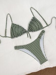 SHEIN Swim 2 件套纹理面料荷叶边前系带蝴蝶结腰部褶皱可爱甜美时尚活泼派对比基尼套装 - 軍綠色 - 查看 3