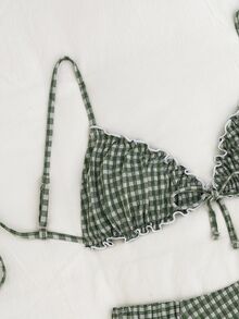 SHEIN Swim 2 件套纹理面料荷叶边前系带蝴蝶结腰部褶皱可爱甜美时尚活泼派对比基尼套装 - 軍綠色 - 查看 4