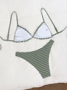 SHEIN Swim 2 件套纹理面料荷叶边前系带蝴蝶结腰部褶皱可爱甜美时尚活泼派对比基尼套装 - 軍綠色 - 查看 6