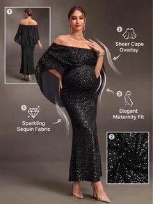 Cheriluna Maternity فستان حمل بدون أكمام مع كشكشة وشال كشكشة بقصة ضيقة وذيل حورية البحر وفتحة خلفية من الشيفون الأسود مع رقائق فضية وجسم محبوك للهالوين والصيف - الأسود - مشاهدة 11