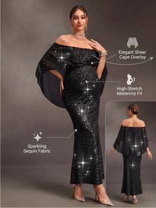 Cheriluna Maternity فستان حمل بدون أكمام مع كشكشة وشال كشكشة بقصة ضيقة وذيل حورية البحر وفتحة خلفية من الشيفون الأسود مع رقائق فضية وجسم محبوك للهالوين والصيف - الأسود - مشاهدة 12