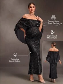 Cheriluna Maternity فستان حمل بدون أكمام مع كشكشة وشال كشكشة بقصة ضيقة وذيل حورية البحر وفتحة خلفية من الشيفون الأسود مع رقائق فضية وجسم محبوك للهالوين والصيف - الأسود - مشاهدة 9