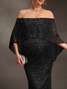 Cheriluna Maternity فستان حمل بدون أكمام مع كشكشة وشال كشكشة بقصة ضيقة وذيل حورية البحر وفتحة خلفية من الشيفون الأسود مع رقائق فضية وجسم محبوك للهالوين والصيف - الأسود - مشاهدة 5