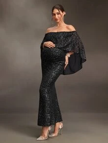 Cheriluna Maternity فستان حمل بدون أكمام مع كشكشة وشال كشكشة بقصة ضيقة وذيل حورية البحر وفتحة خلفية من الشيفون الأسود مع رقائق فضية وجسم محبوك للهالوين والصيف - الأسود - مشاهدة 10