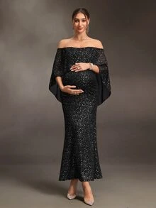 Cheriluna Maternity فستان حمل بدون أكمام مع كشكشة وشال كشكشة بقصة ضيقة وذيل حورية البحر وفتحة خلفية من الشيفون الأسود مع رقائق فضية وجسم محبوك للهالوين والصيف - الأسود - مشاهدة 3