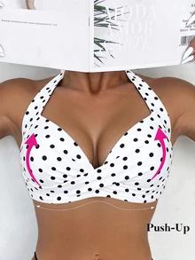 Voyashape 女款夏季海灘波點印花性感掛脖比基尼上衣 - 黑與白 - 查看 1