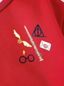 PrepCrw HARRY POTTER X SHEIN 女童 2件組 紅灰色圖案圓領運動衫套裝 返校出遊款 秋冬嬰兒紅色 - 彩色 - 查看 5