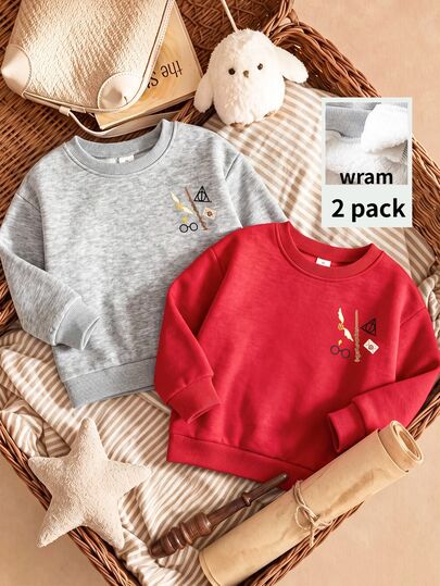 PrepCrw HARRY POTTER X SHEIN Paket 2 Potong untuk Anak Perempuan, Kaos Lengan Panjang Motif Ajaib Merah dan Abu-abu, Set 2 Potong, Kembali ke Sekolah, Jalan-jalan, Musim Gugur, Musim Dingin, Merah Muda