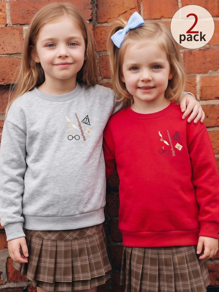 PrepCrw HARRY POTTER X SHEIN Young Girl Young Girl 2pcs Pack Young Girl Young Girls Pattern Red And Gray Crew Neck Sweatshirt 2-Piece Set Back To School Outings Autumn Winter Baby Red - Multicolor - View 7