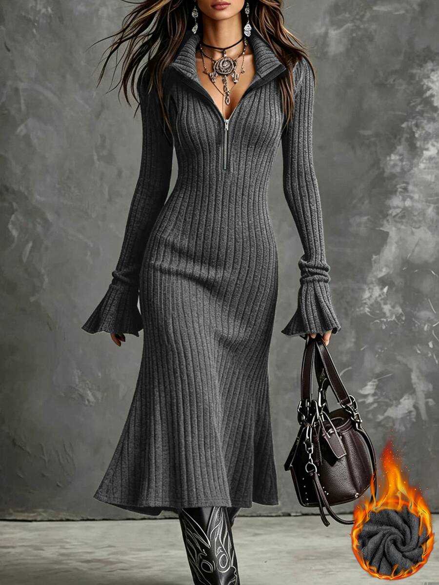 SHEIN PETITE Autumn/Winter Brushed Grey High Neck Dress, Holiday Outfit Zipper Style Dress, Ruffle Long Sleeve Inner Layer, Winter Y2K Style Dress - Dark Grey - View 1