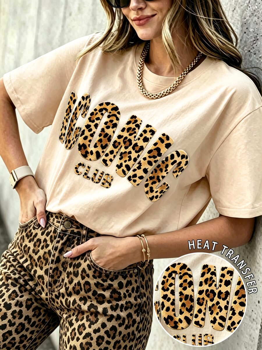 EMERY ROSE Leopard Icon Club Patch Graphic Tee Women Vintage Loose Short Sleeve T-Shirt - Apricot - View 1