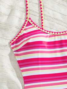 SHEIN Swim 夏季新款歐美風一件式三角性感高衩紅色幸運魚印花拼接細肩帶貝殼飾邊甜美小胸聚攏雙肩帶泳衣，適合女性與女孩，清新顯瘦，適用溫泉、海灘度假、生日派對 - 彩色 - 查看 5