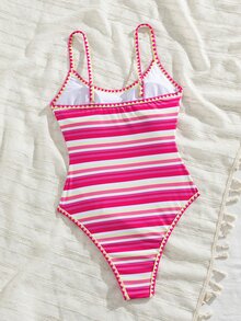 SHEIN Swim 夏季新款歐美風一件式三角性感高衩紅色幸運魚印花拼接細肩帶貝殼飾邊甜美小胸聚攏雙肩帶泳衣，適合女性與女孩，清新顯瘦，適用溫泉、海灘度假、生日派對 - 彩色 - 查看 2