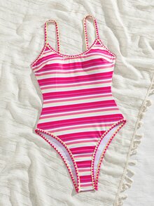 SHEIN Swim 夏季新款歐美風一件式三角性感高衩紅色幸運魚印花拼接細肩帶貝殼飾邊甜美小胸聚攏雙肩帶泳衣，適合女性與女孩，清新顯瘦，適用溫泉、海灘度假、生日派對 - 彩色 - 查看 4