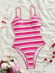 SHEIN Swim 夏季新款歐美風一件式三角性感高衩紅色幸運魚印花拼接細肩帶貝殼飾邊甜美小胸聚攏雙肩帶泳衣，適合女性與女孩，清新顯瘦，適用溫泉、海灘度假、生日派對 - 彩色 - 查看 3