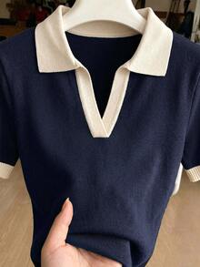 Franclia 女款春夏拼色簡約休閒 Polo 領短袖修身針織上衣，優雅百搭辦公日常穿搭，海軍藍與白色 - 寶藍色 - 查看 8
