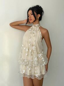 Aloruh 女款優雅白色花卉掛脖綁帶迷你洋裝，華麗刺繡夏季派對禮服，適合婚禮賓客、奢華晚宴場合 - 杏色 - 查看 6