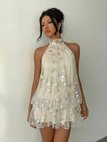 Aloruh 女款優雅白色花卉掛脖綁帶迷你洋裝，華麗刺繡夏季派對禮服，適合婚禮賓客、奢華晚宴場合 - 杏色 - 查看 7
