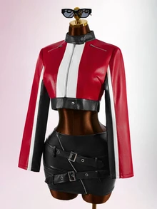 Bumpella Women's Fashion Colorblock Patchwork Cropped Jacket - Red - View 12