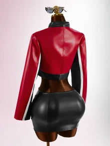 Bumpella Women's Fashion Colorblock Patchwork Cropped Jacket - Red - View 4