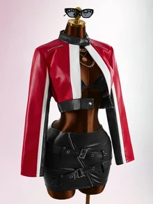 Bumpella Women's Fashion Colorblock Patchwork Cropped Jacket - Red - View 14