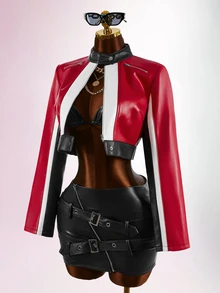 Bumpella Women's Fashion Colorblock Patchwork Cropped Jacket - Red - View 3