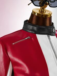 Bumpella Women's Fashion Colorblock Patchwork Cropped Jacket - Red - View 7