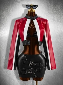 Bumpella Women's Fashion Colorblock Patchwork Cropped Jacket - Red - View 5