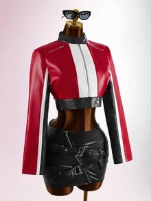 Bumpella Women's Fashion Colorblock Patchwork Cropped Jacket - Red - View 6