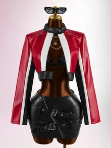 Bumpella Women's Fashion Colorblock Patchwork Cropped Jacket - Red - View 15