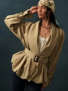 Bohemela Women's Solid Color Shawl Collar Long Sleeve Casual Jacket - Army Green - View 6
