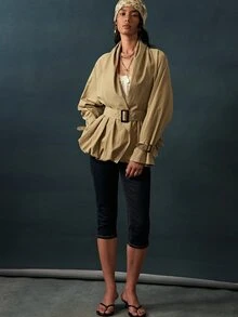 Bohemela Women's Solid Color Shawl Collar Long Sleeve Casual Jacket - Army Green - View 3