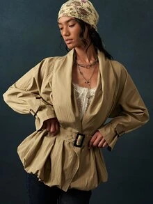 Bohemela Women's Solid Color Shawl Collar Long Sleeve Casual Jacket - Army Green - View 2